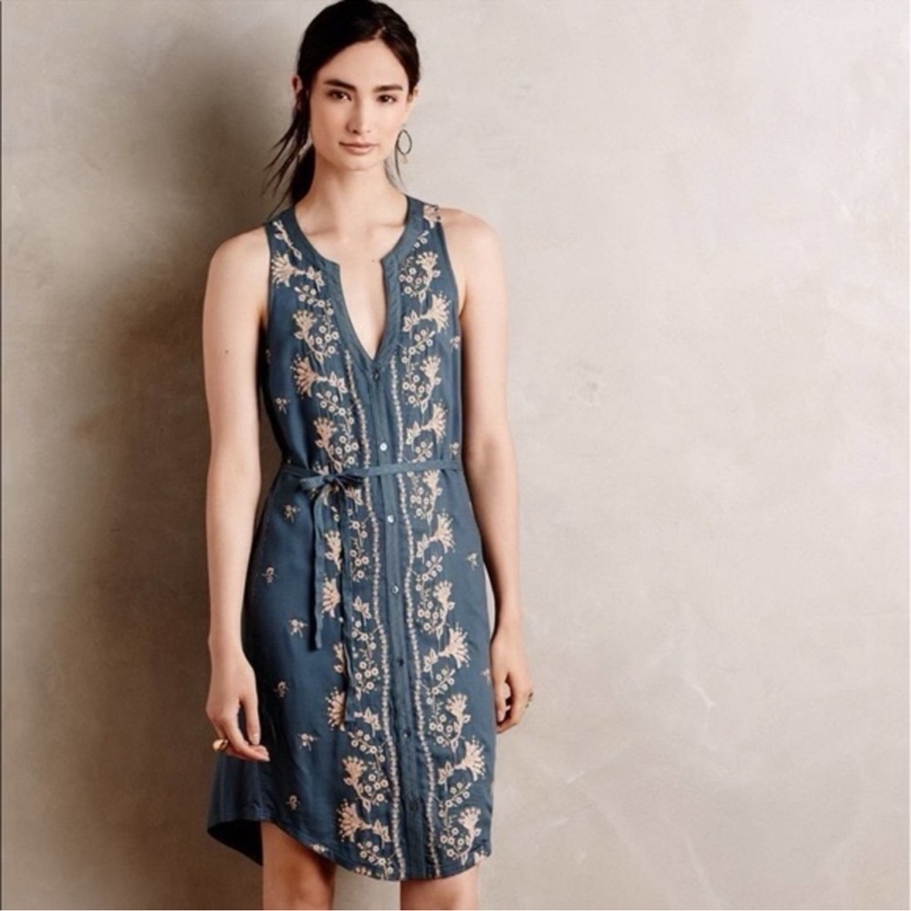 Anthropologie Floral Embroidered Syden Shirt Dress Size XSP in Blue